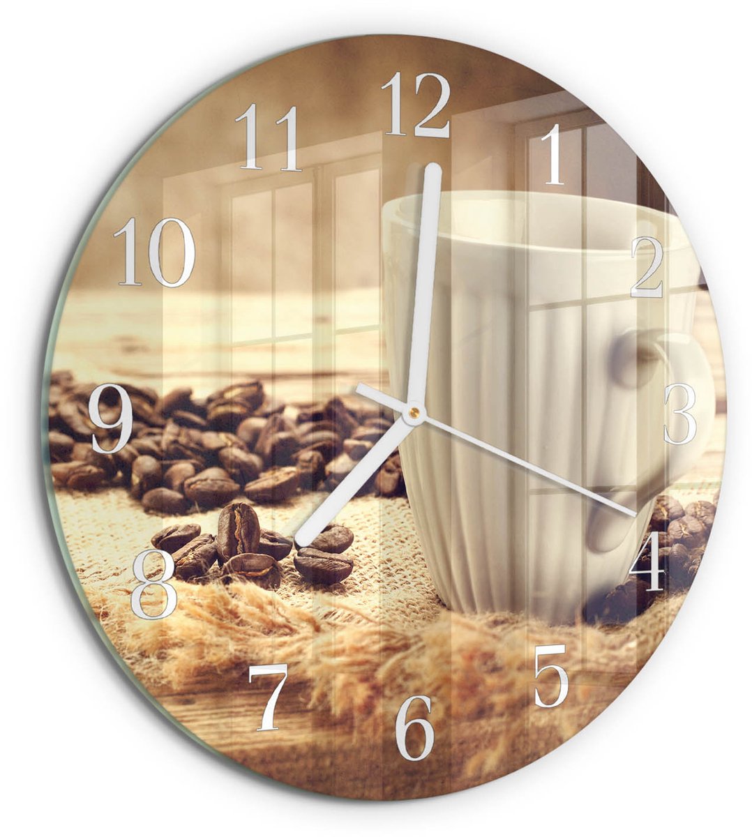 TULUP Wandklok - Koffie Wandklok Glas Met Motief - 30fi cm - Bruin Decoratieve Glazen Klok - Witte Handen - Ronde Wandklok - Gekleurde Glazen Klok - Glazen Klok Met Print Bruin - Koffie