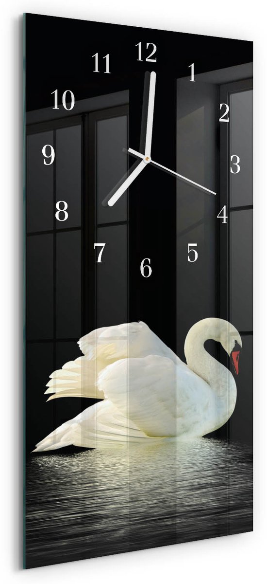 TULUP Wandklok - Zwaan Klok Glas Met Opdruk - 30x60 cm - Veelkleurig Moderne Wandklok Glas - Witte Handen - Rechthoekige Wandklok - Glazen Wandklok Design - Klok Glas Met Opdruk Veelkleurig - Zwaan