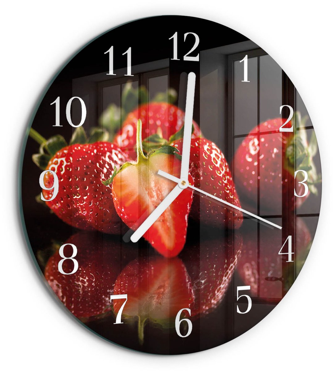 TULUP Wandklok - Aardbeien Klok Glas Met Opdruk - 30fi cm - Rood Moderne Wandklok Glas - Witte Handen - Ronde Wandklok - Glazen Klok Met Print - Wandklok Glas Met Motief Rood - Aardbeien