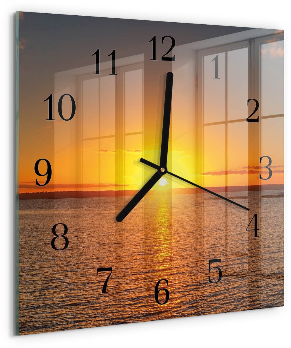 TULUP Wandklok - Zonsondergang Wandklok Glas Met Motief - 30x30 cm - Oranje Decoratieve Glazen Klok - Zwarte Handen - Vierkante Wandklok - Wandklok Glas Met Motief - Decoratieve Glazen Klok Oranje - Zonsondergang