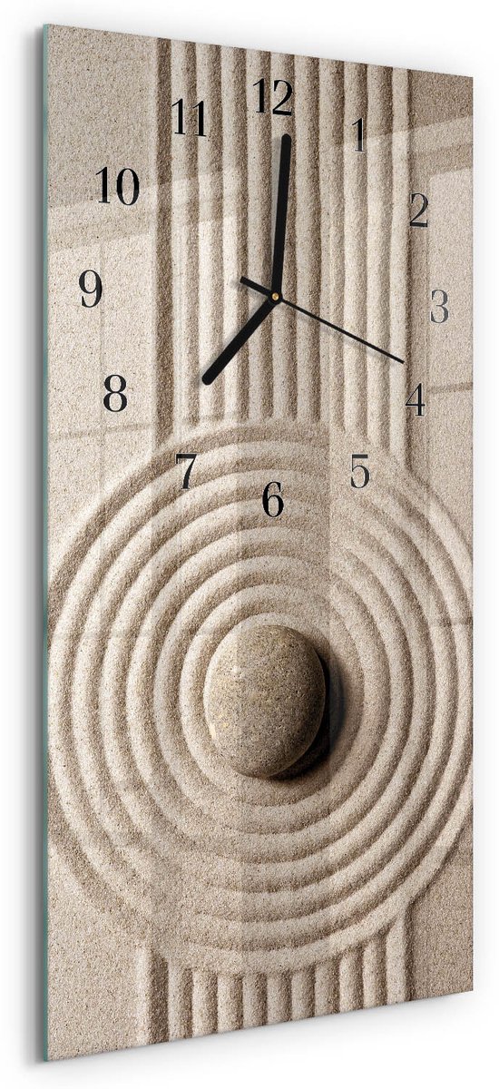 TULUP Wandklok - Steen Glazen Klok Met Print - 30x60 cm - Bruin Moderne Glazen Wandklok - Zwarte Handen - Rechthoekige Wandklok - Wandklok Glas Met Motief - Decoratieve Glazen Klok Bruin - Steen