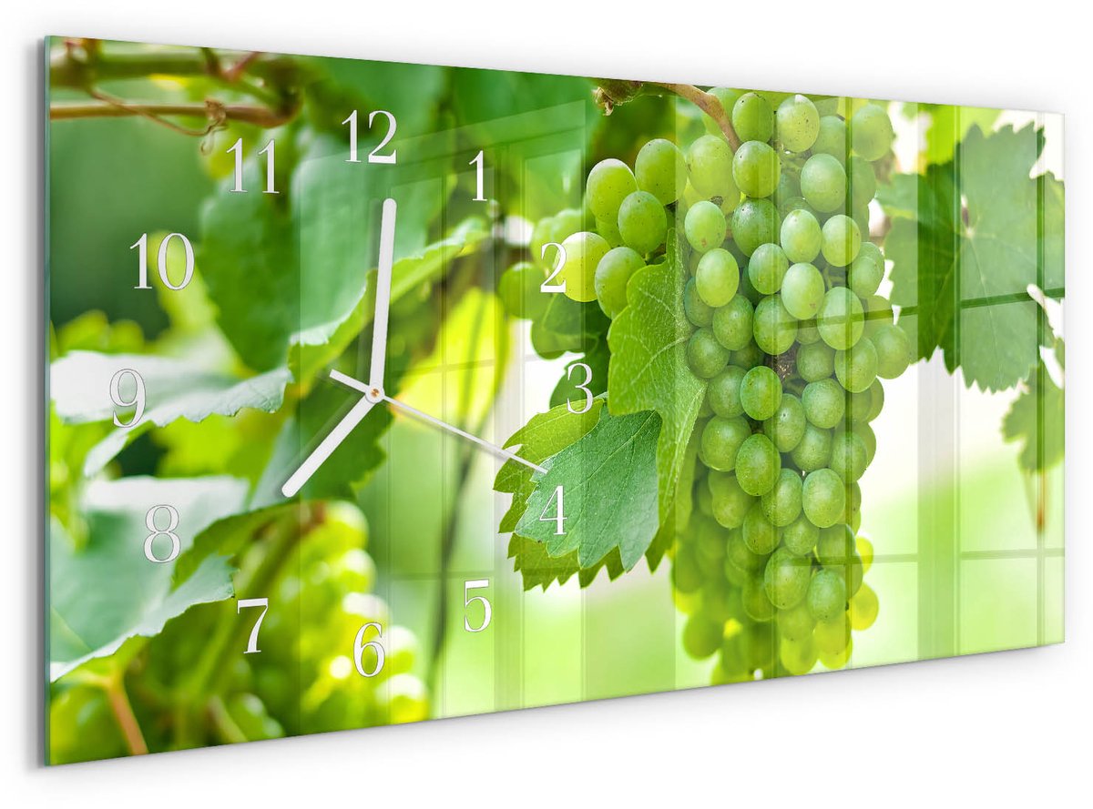 TULUP Wandklok - Druiven Moderne Glazen Wandklok - 60x30 cm - Groente Wandklok Glas Met Motief - Witte Handen - Rechthoekige Wandklok - Wandklok Glas Met Motief - Decoratieve Glazen Klok Groente - Druiven