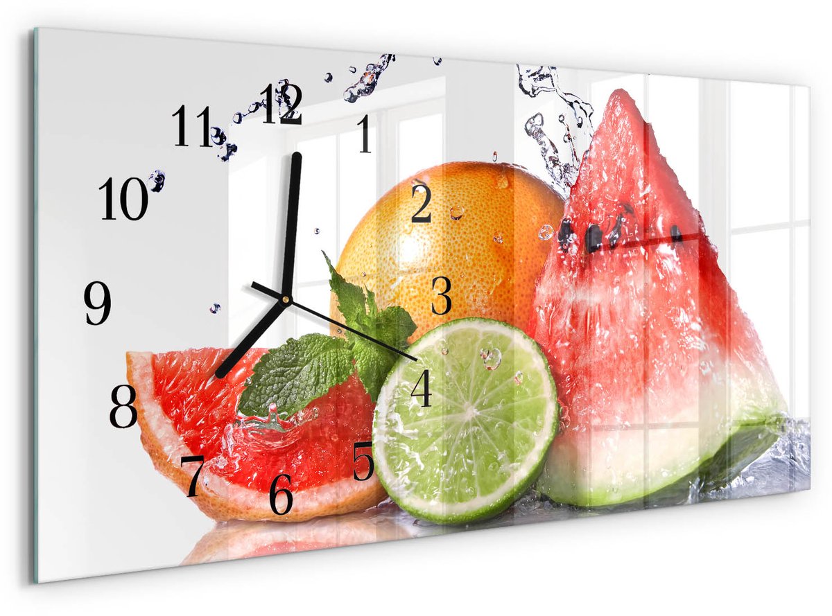 TULUP Wandklok - Sappig fruit Klok Glas Met Opdruk - 60x30 cm - Rood Moderne Wandklok Glas - Zwarte Handen - Rechthoekige Wandklok - Glazen Wandklok Design - Klok Glas Met Opdruk Rood - Sappig fruit