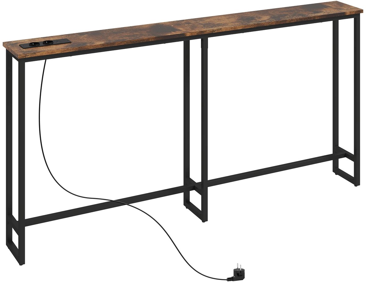 Geargalaxy Console Tafel - Dressoir - Smalle Tafel - Wandtafel - Halmeubel - Met USB & Stopcontact - 160x20x80cm - Vintage Zwart