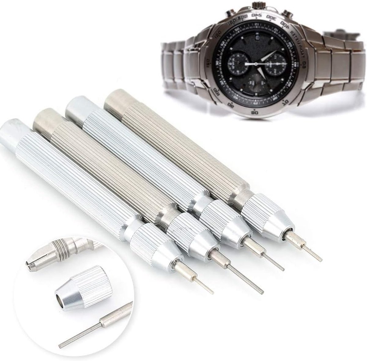Set van 4 RVS Horlogeponsen voor Horlogemaker, Gereedschap voor het Verwijderen van Horlogeband Linkpinnen, Inclusief 0.7, 0.8, 0.9 en 1.0 mm Maten