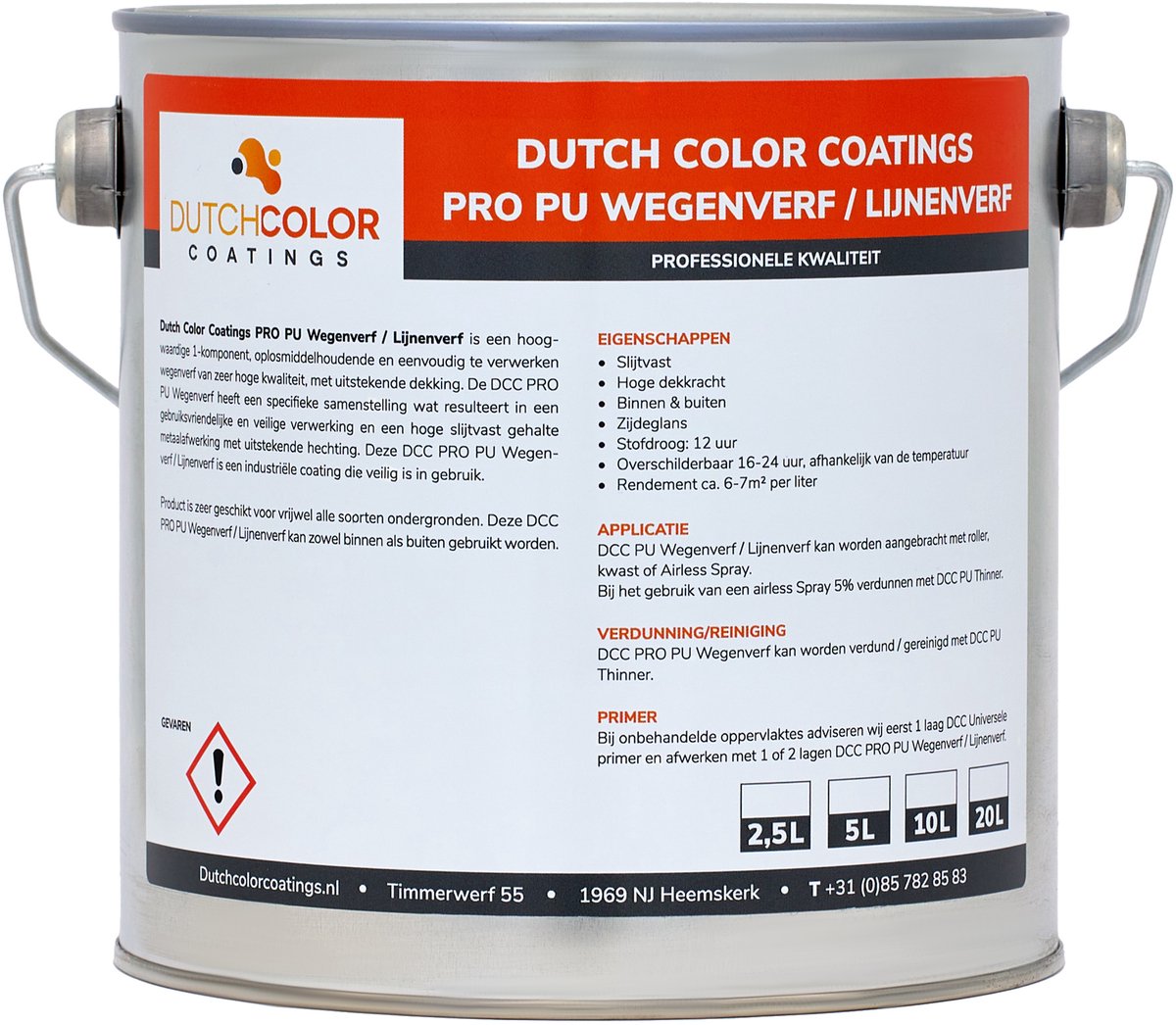 DCC PRO PU Wegenverf/Lijnenverf - 5L - RAL 3020 | Verkeersrood