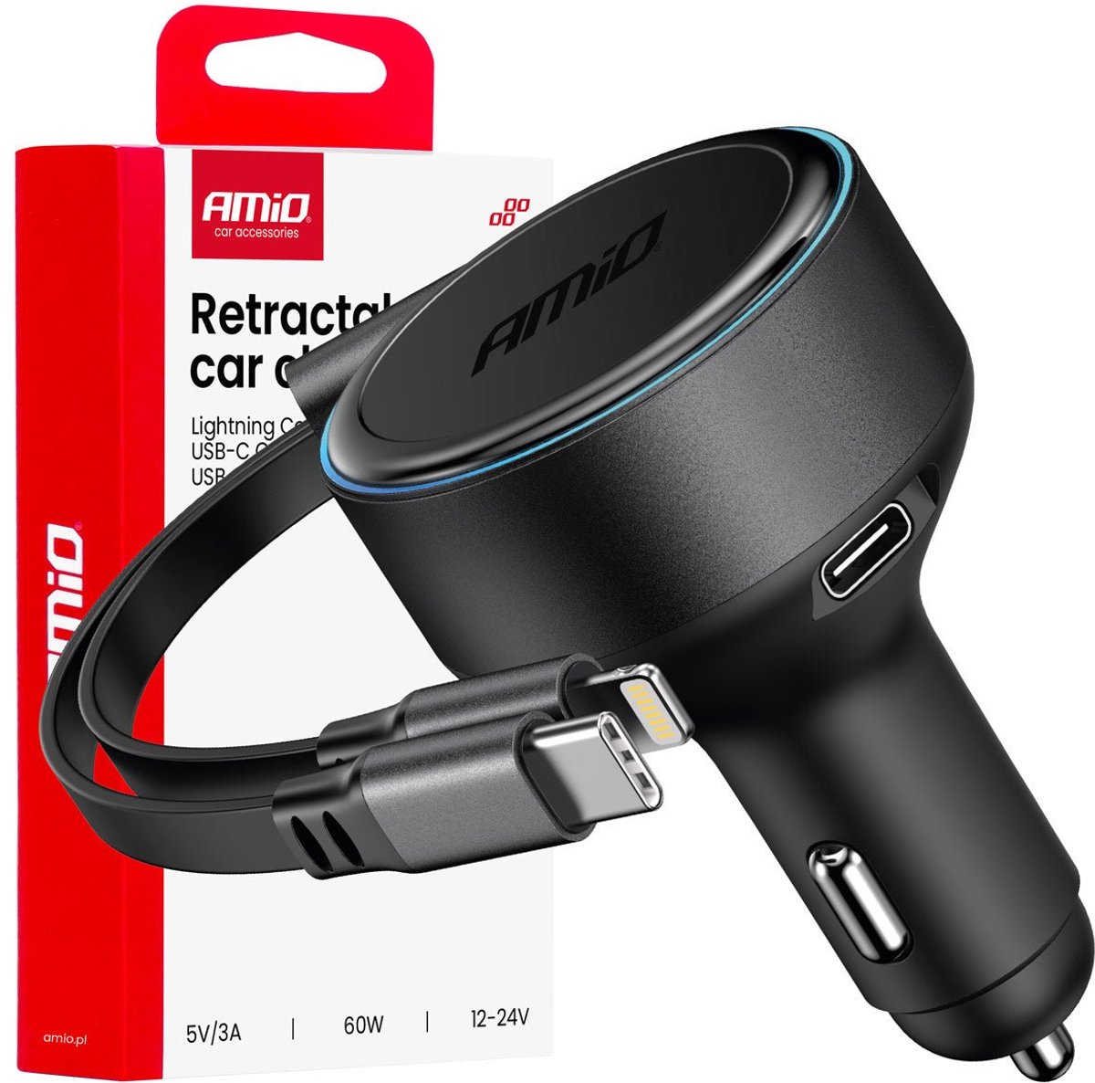 AMiO Auto Lader Met Oprolbare Kabel USB-C en Lightning + USB-C Poort 60W 12-24V - Snellader Met Power Delivery voor Auto en Truck