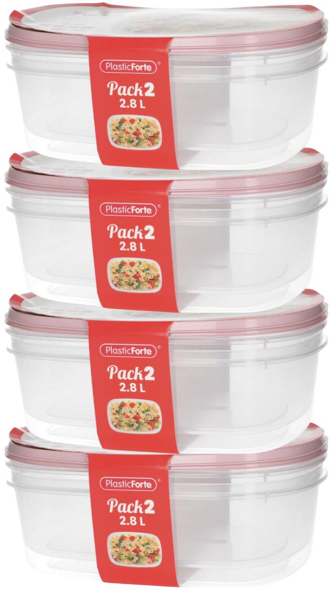 Plasticforte Vershoudbakjes - 8x stuks - 2.8 liter - herbruikbaar - transparant/roze - kunststof - magnetron - vriezer