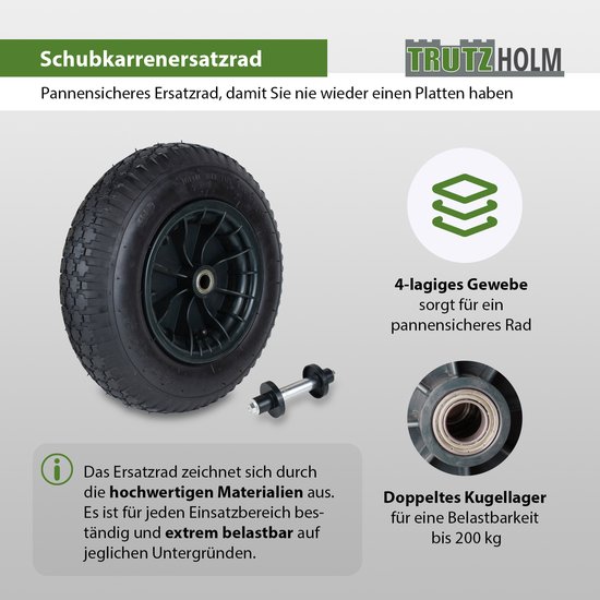 Kruiwagenwiel 4.80 / 4.00-8 met as Beschermkappen 200 kg Pneumatisch wiel Reservewiel van Merkloos	 — afbeelding 2