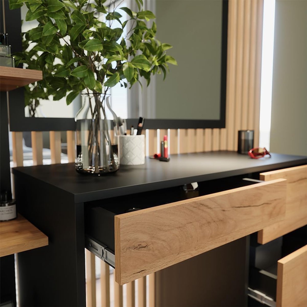 Luxe Urban Elegance Kaptafel zonder Spiegel, 4 Opbergvakken, 90 x 40 x 75 cm, Antraciet / Goud Eiken