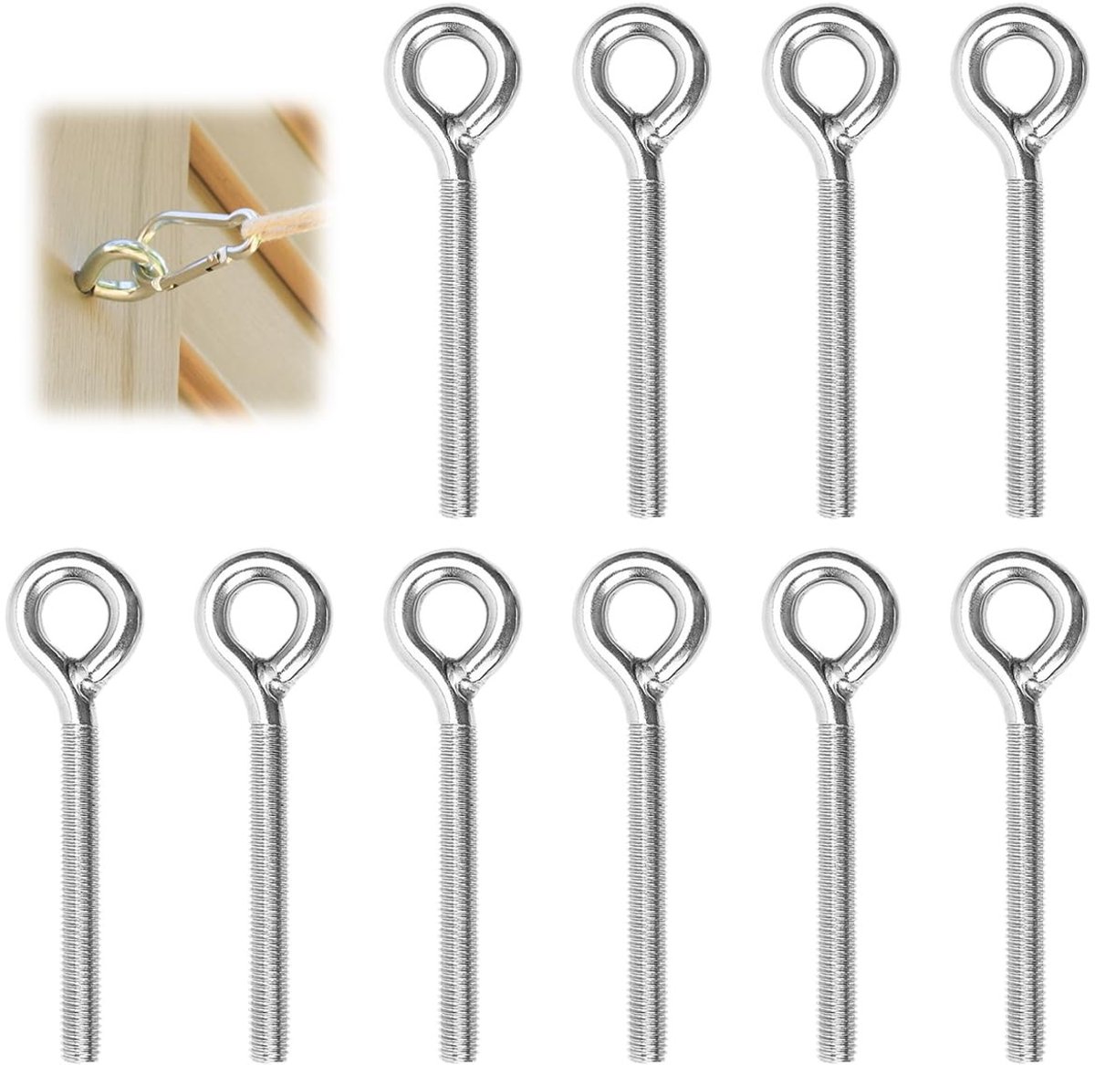 10 stuks M8 oogschroeven met schroefdraad, 90 mm lange schacht roestvrij stalen ringbouten, O-ringschroef roestvrij staal M8, buitendraad ringschroef lang met ringmoer voor ophangen, bevestigen, touw