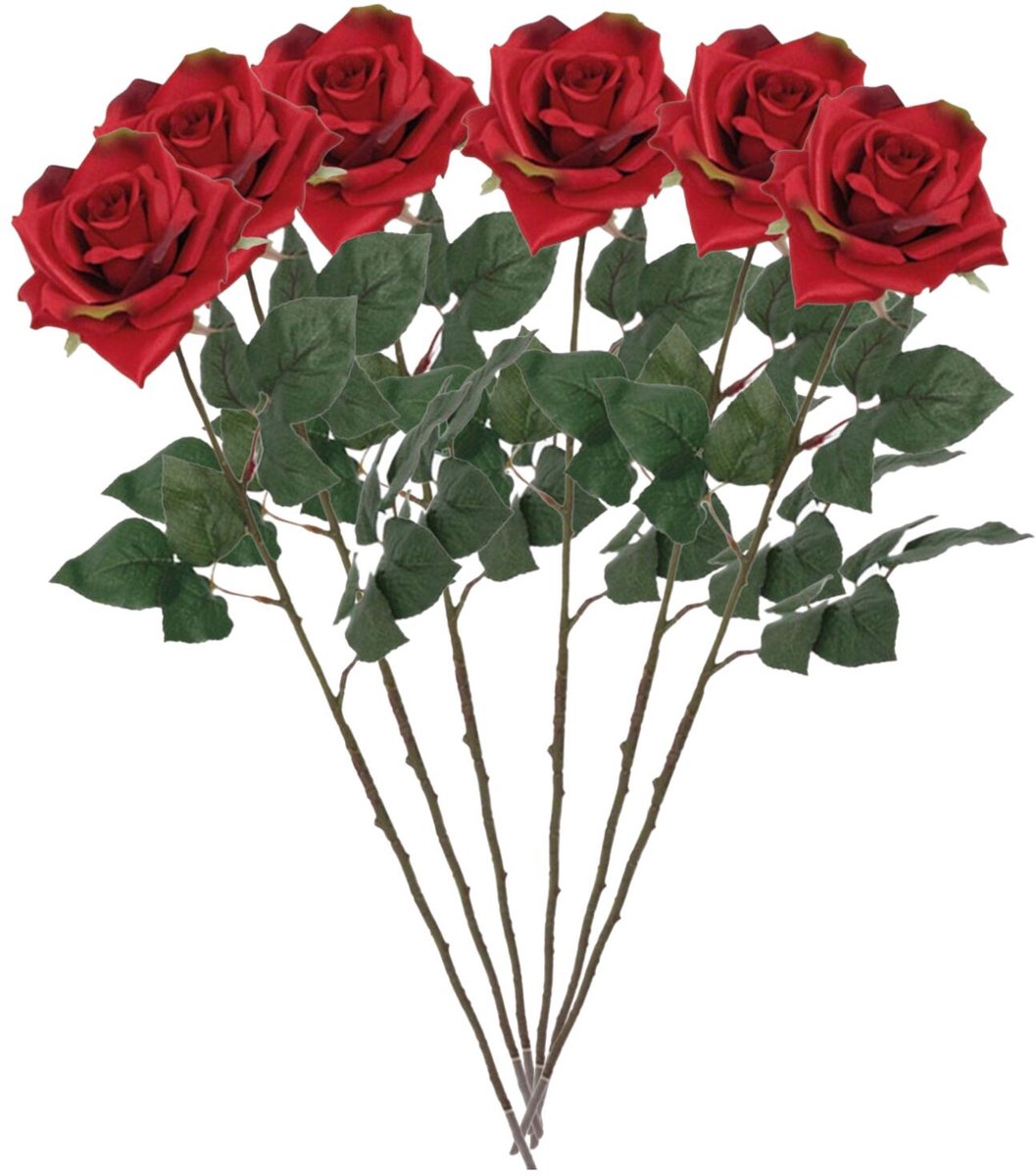 Mica Decorations Kunstbloemen Roos Amore - 6x - 66 cm - rood - zijdebloemen - boeket - rozen