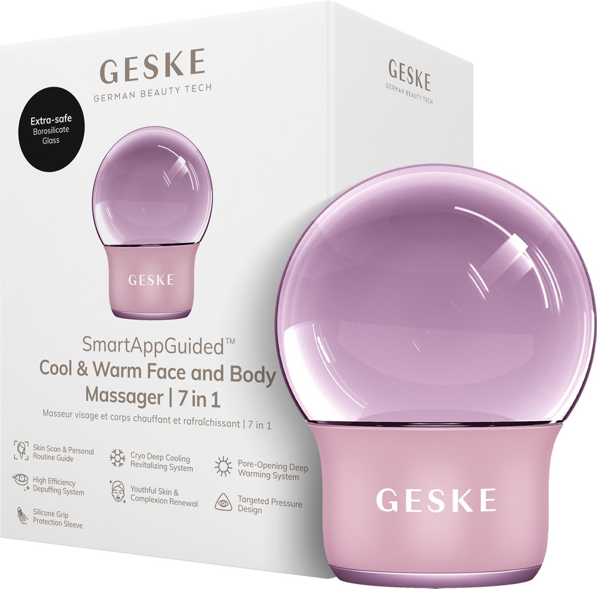 GESKE SmartAppGuided™ Cool & Warm Face & Body Massager | 7 in 1 | Multifunctioneel massageapparaat | Gezicht & Lichaam | Batterijloos koelen en warmen | Verstevigt en ontspant | Bolvormig