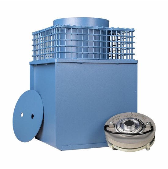 Blauwe Salvus Fiora vloerkluis met een ronde metalen combinatiekluis ernaast.