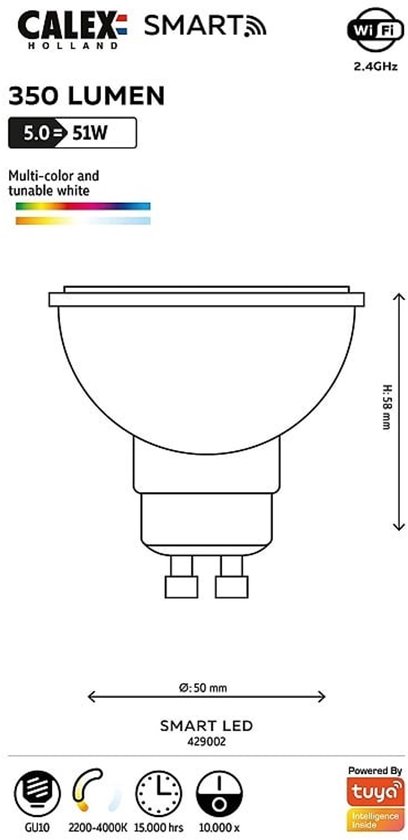 Technische tekening Calex GU10 lamp, met afmetingen en specificaties.