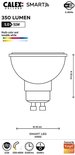 Technische tekening Calex GU10 lamp, met afmetingen en specificaties.