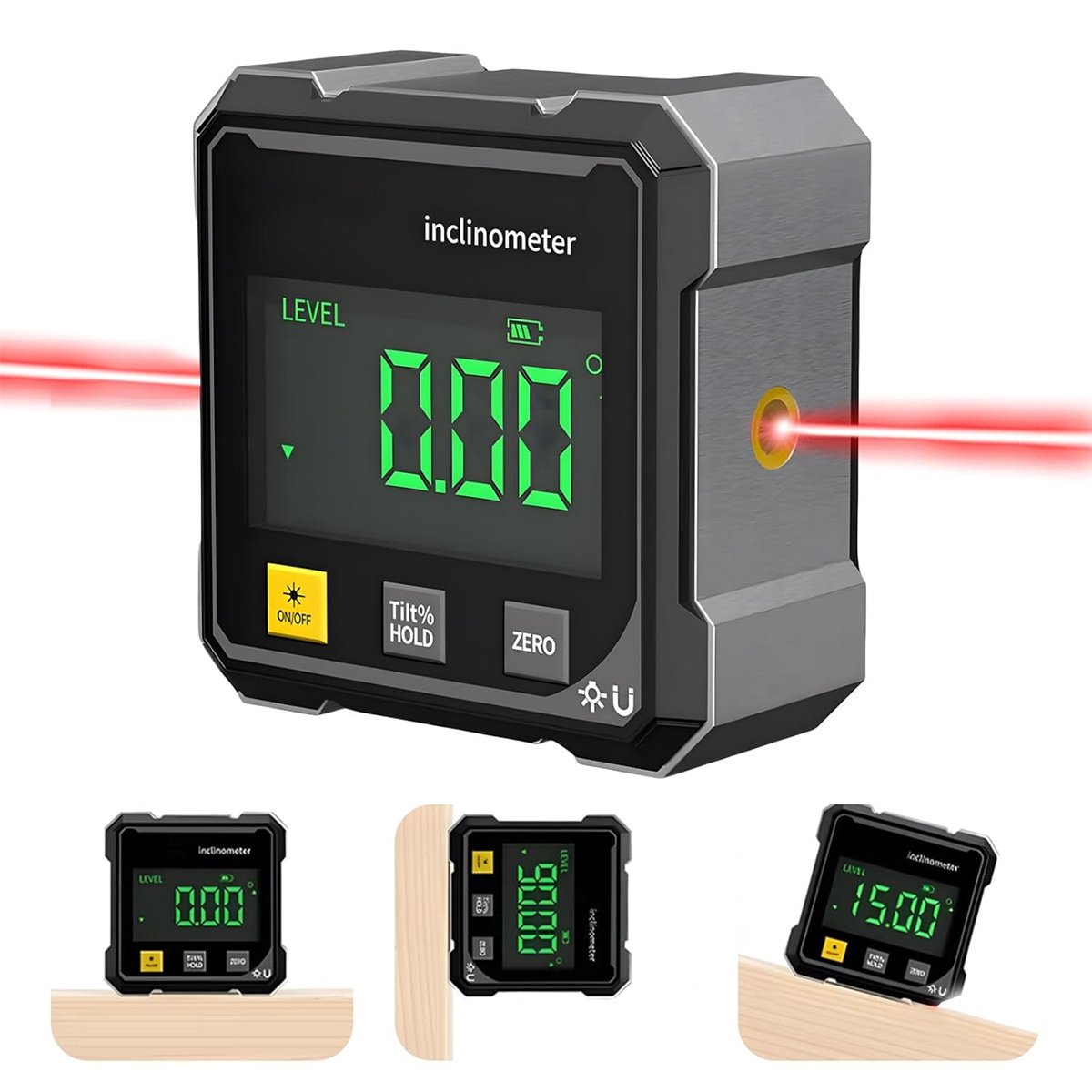 carmdering - 4-Seitiger Magnetischer Digitaler Winkelmesser - Elektronischer Neigungsmesser - Digitale Wasserwaage - 360° Präzisionsmessung - Laserfunktionen Für Enge Bereiche - Automatisch Rotierendes Display - 1 Stuk