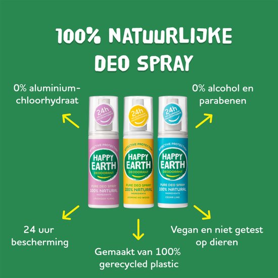 Happy Earth 100% natuurlijke deo spray: komkommer matcha, jasmijn, ceder limoen. Zonder aluminium-chloorhydraat en alcohol. 24u bescherming.