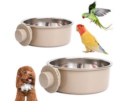 Set van 2 roestvrijstalen vogelvoederbakken/waterbakken, hangende vogelvoederbakken, accessoires voor papegaaienkooien (grijs)