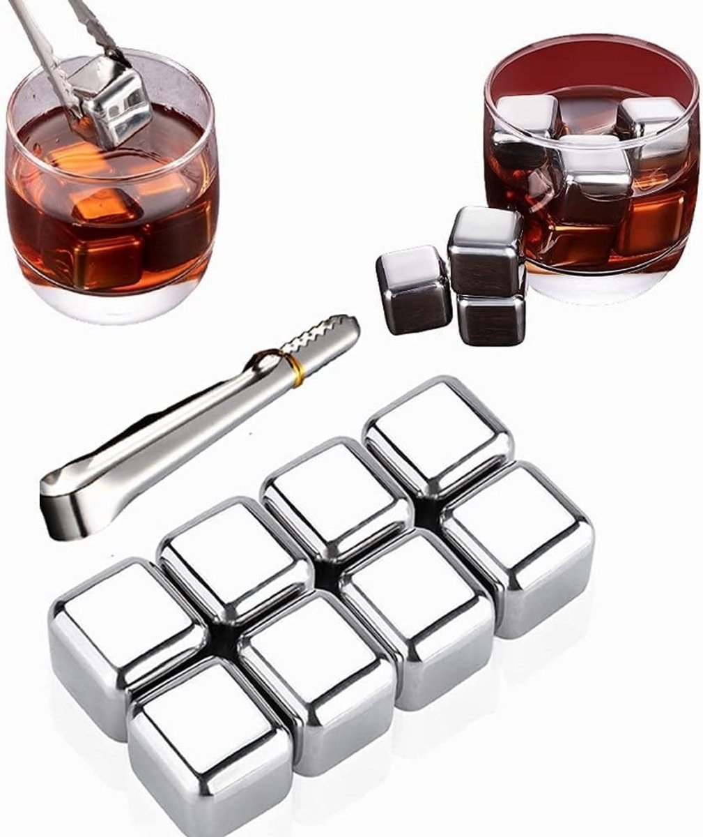 Set van 8 Herbruikbare Whiskey IJsblokjes met RVS Clips, Ideaal voor Scotch, Bourbon en Wijn, Inclusief Opbergdoos voor de Vriezer