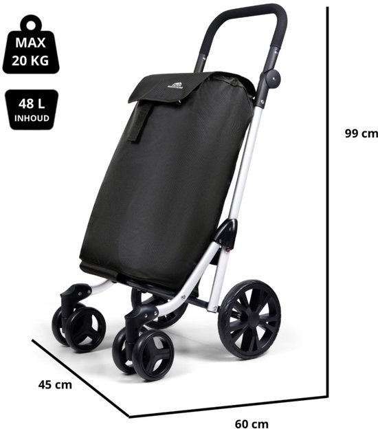 Zwarte boodschappentrolley met 4 wielen, maximale belasting 20 kg, inhoud 48 liter.