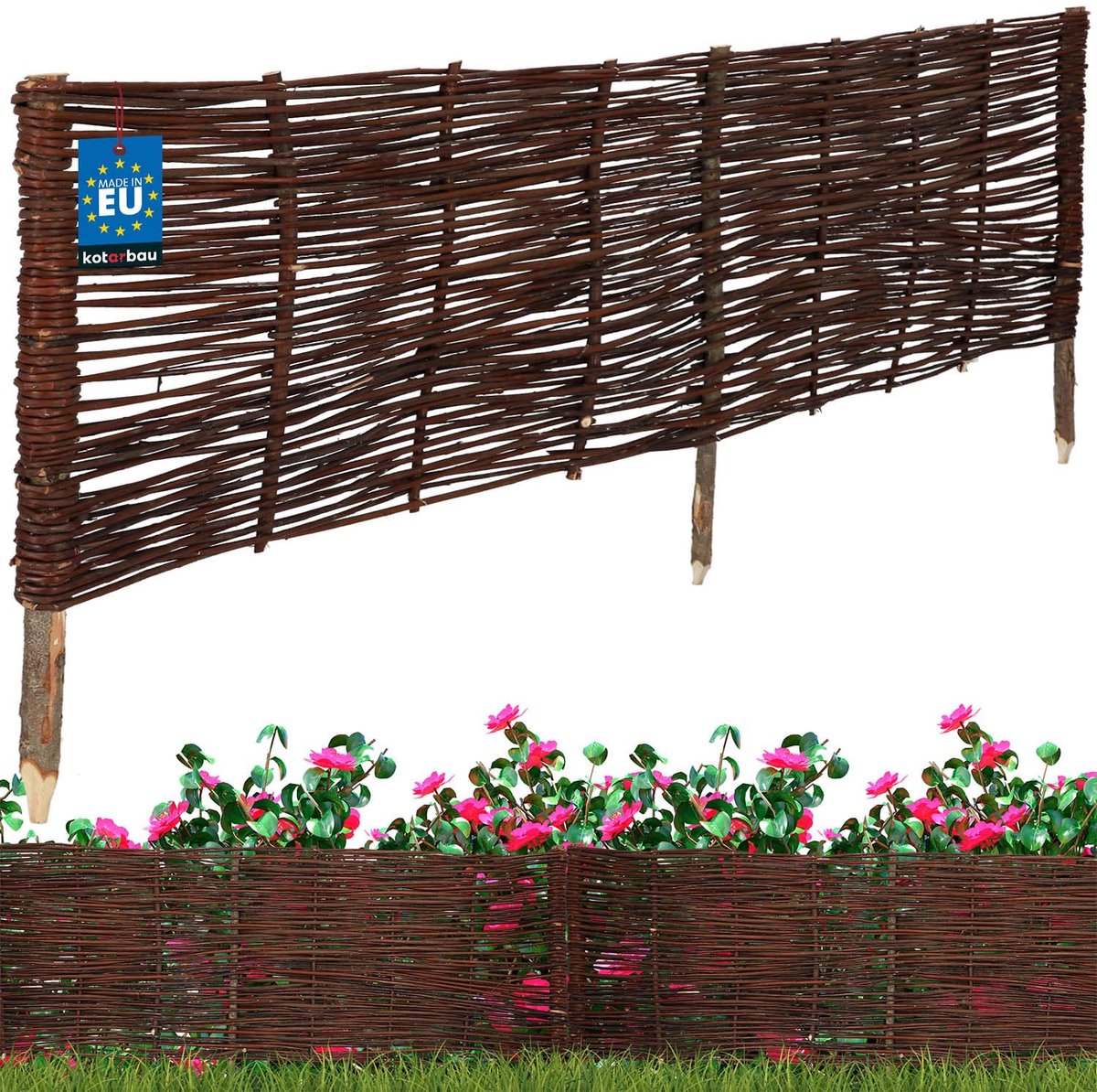 KOTARBAU® Bloembedrand, Wilgenhouten Hek, Beeteinfassing, 120 x 40 cm, Bruin, Tuinafscheiding, Houten Tuinhek, Schapenhek