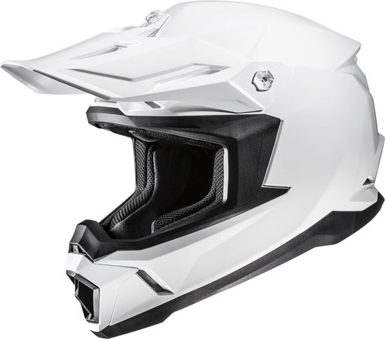 Witte HJC motorcrosshelm, zijkant profiel met open vizier en zwarte voering.