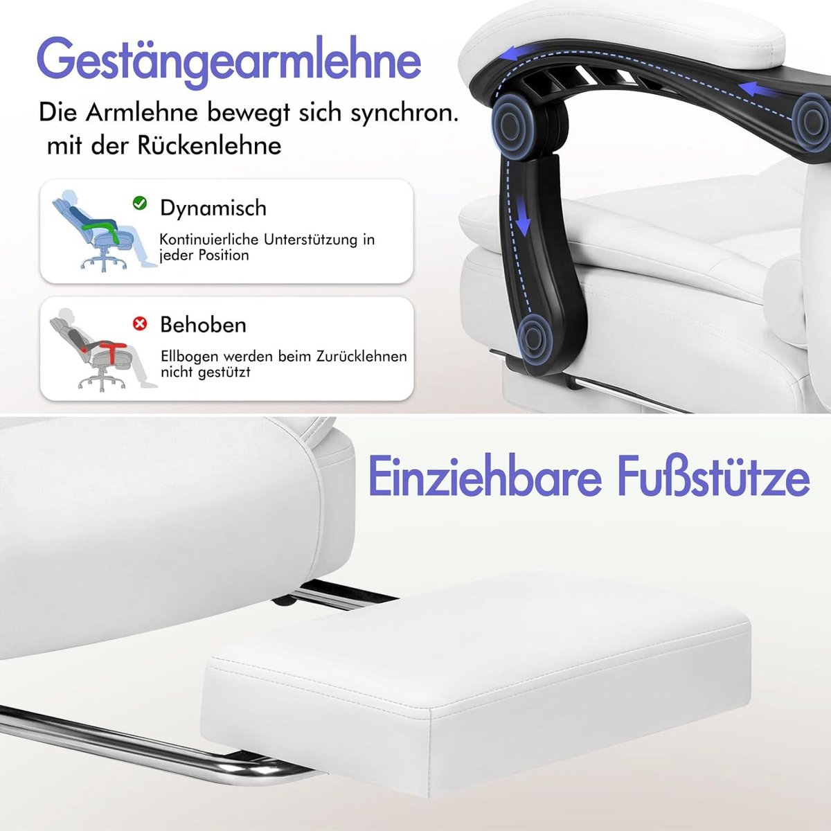 Bureaustoel ergonomisch – House&Garden Directiestoel met 150° kantelbare rugleuning, massagefunctie, uittrekbare voetensteun, in hoogte verstelbaar, 180 kg draagkracht, PU leer gaming & kantoorstoel wit