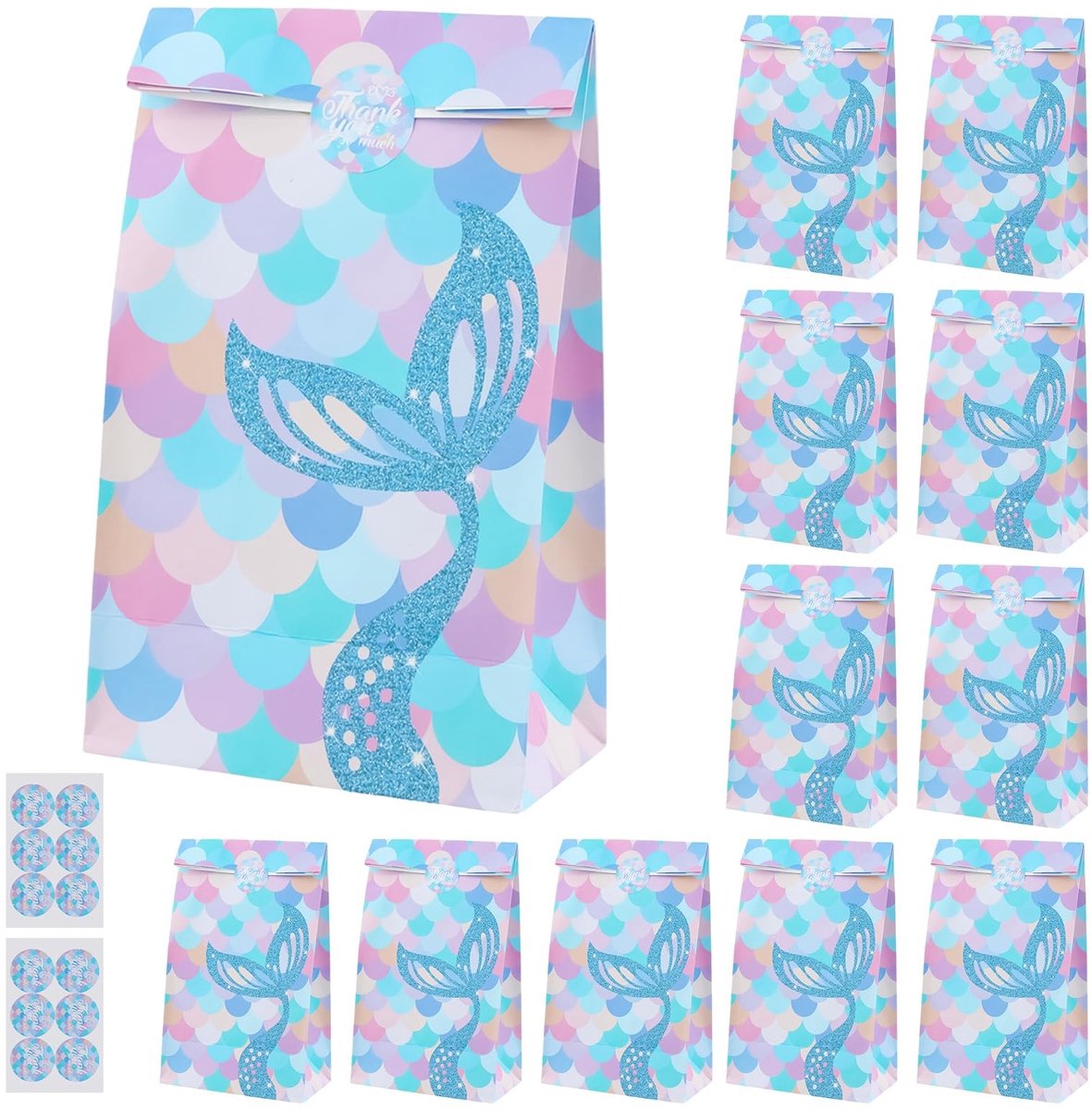 NTH products- Cadeauzakjes 12 stuks - Papieren Zakjes - Feestzakjes - Versterkte Bodem - Zeemeerminnenvin-Model - 13 x 24 x 8 cm - Geschenkzakjes
