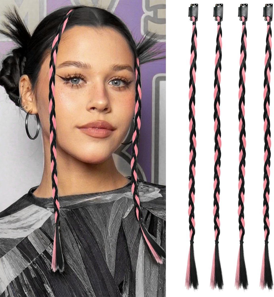 NTH products- Haarstukken 17 Inch - Clip-in Vlecht Extensions - 4 Stuks - Hittebestendige Synthetische Zijde - Zwart/Roze - Voor Feestkapsels - Vlechtextensions