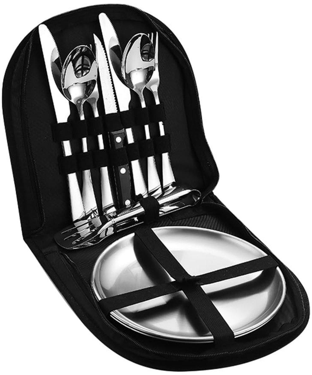 NTH products- Bestekset Draagbaar - Campingbestek 2 Personen - Roestvrij Staal - Opbergtas - Lichtgewicht - Handig voor Picknick - Kampeerbestek