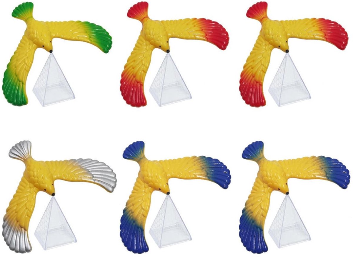 MTTproducts- Balancerende Vogel - Magische Decoratie - Piramidestandaard - Set van 6 - Coördinatievermogen - Duurzaam Kunststof - 16x13cm