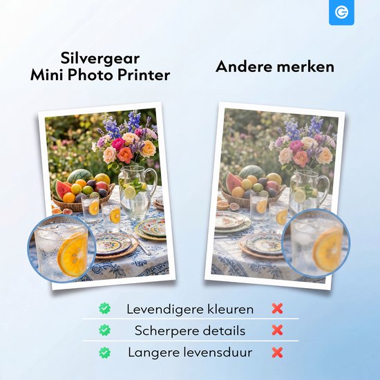 Vergelijking Silvergear Mini Photo Printer met andere merken. Levendigere kleuren, scherpere details, langere levensduur.