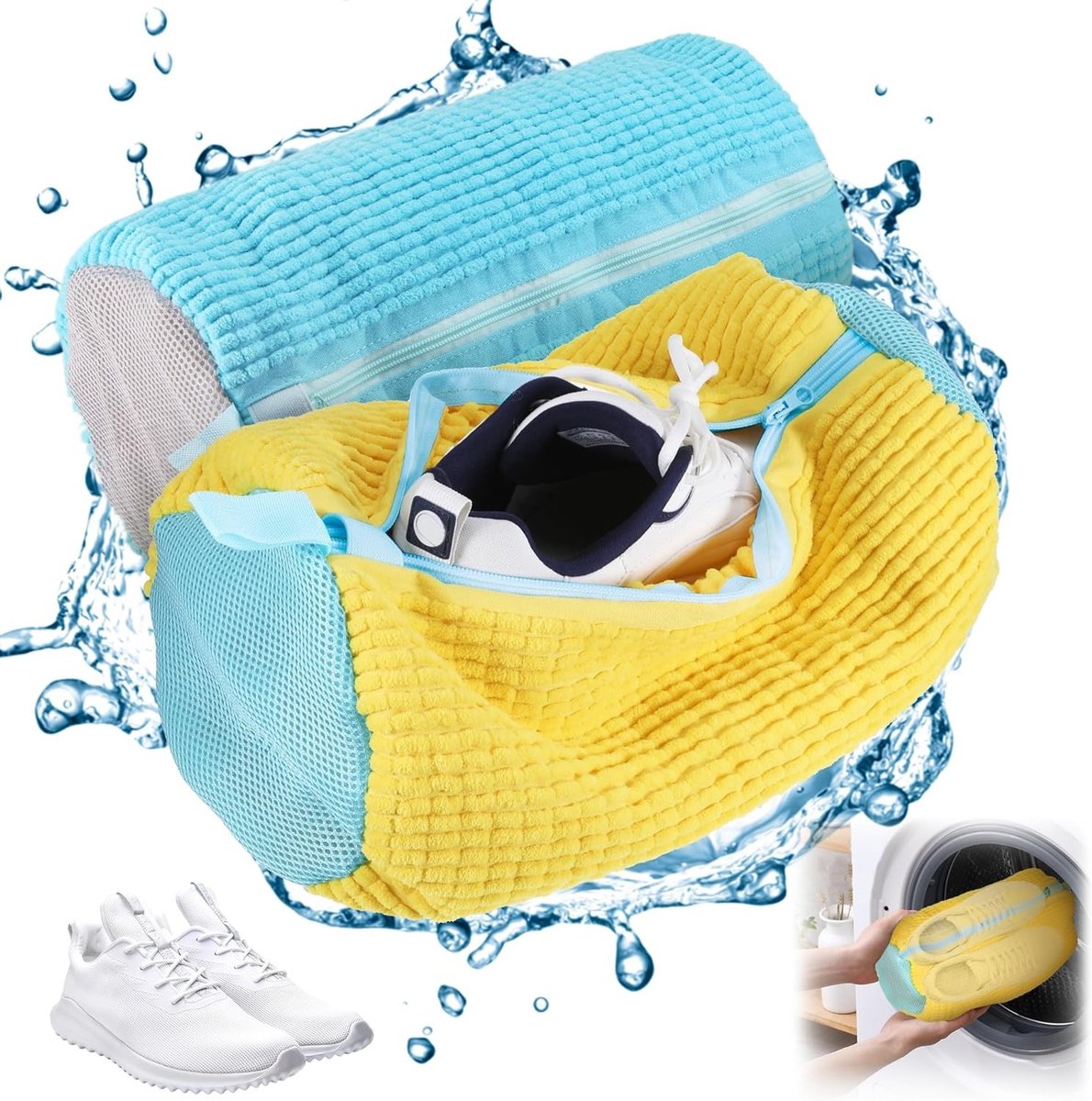 Waszak voor Schoenen, Geschikt voor de Wasmachine, Ideaal voor Sport- en Tennisschoenen, Verkrijgbaar in Meerdere Kleuren (Geel en Blauw)