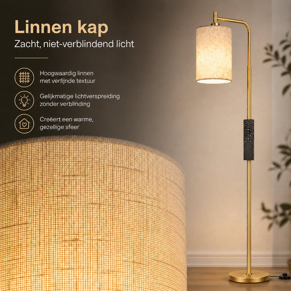 Rosnek Staande Lamp met Linnen Lampenkap - Dimbare LED Vloerlamp - met Afstandsbediening - Timer - Voetschakelaar - Slimme E27 Leeslamp voor Woonkamer Slaapkamer en Kantoor - H 165 cm - Goud thumbnail 3