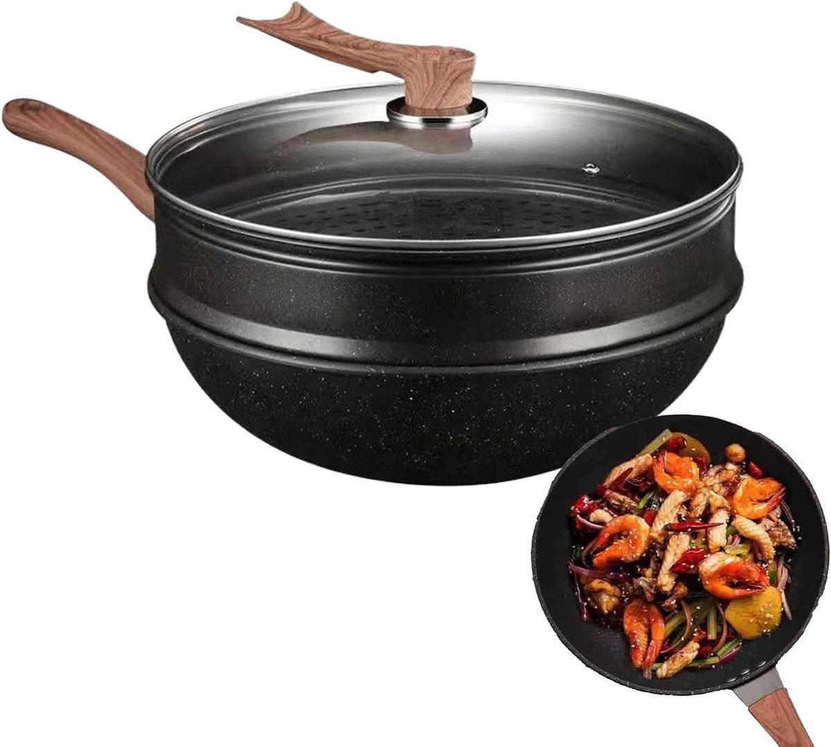 Wokpan Met Stoommandje - Roerbakpan - Veelzijdig Koken - Anti-aanbak Marmersteen - 32 Cm - Zwart