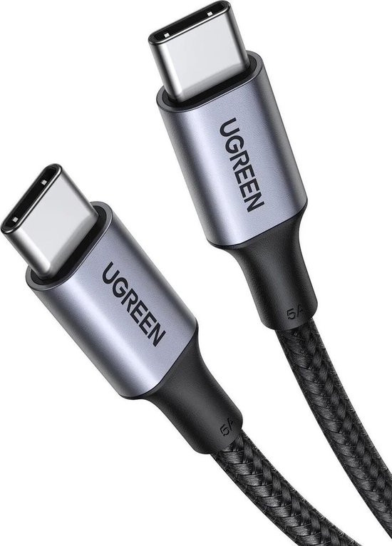 UGREEN USB-C naar USB-C kabel met grijze connectoren en zwarte gevlochten kabel.