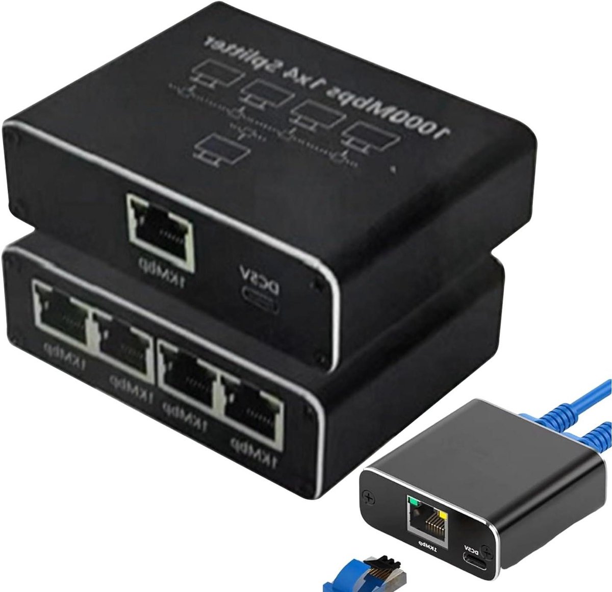 Ethernet Hub - Kabelverdeler Adapter - Netwerk Uitbreiden - Gigabit Snelheid - 1 tot 4 Poorten - Zwart