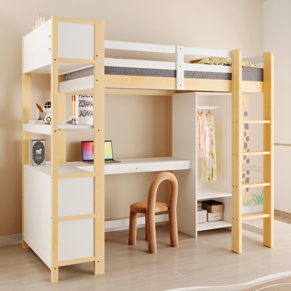 STILVORA Hoogslaper 90x200 cm – Met Bureau, Rekken En Kledingkast – Ruimtebesparend – Zond
