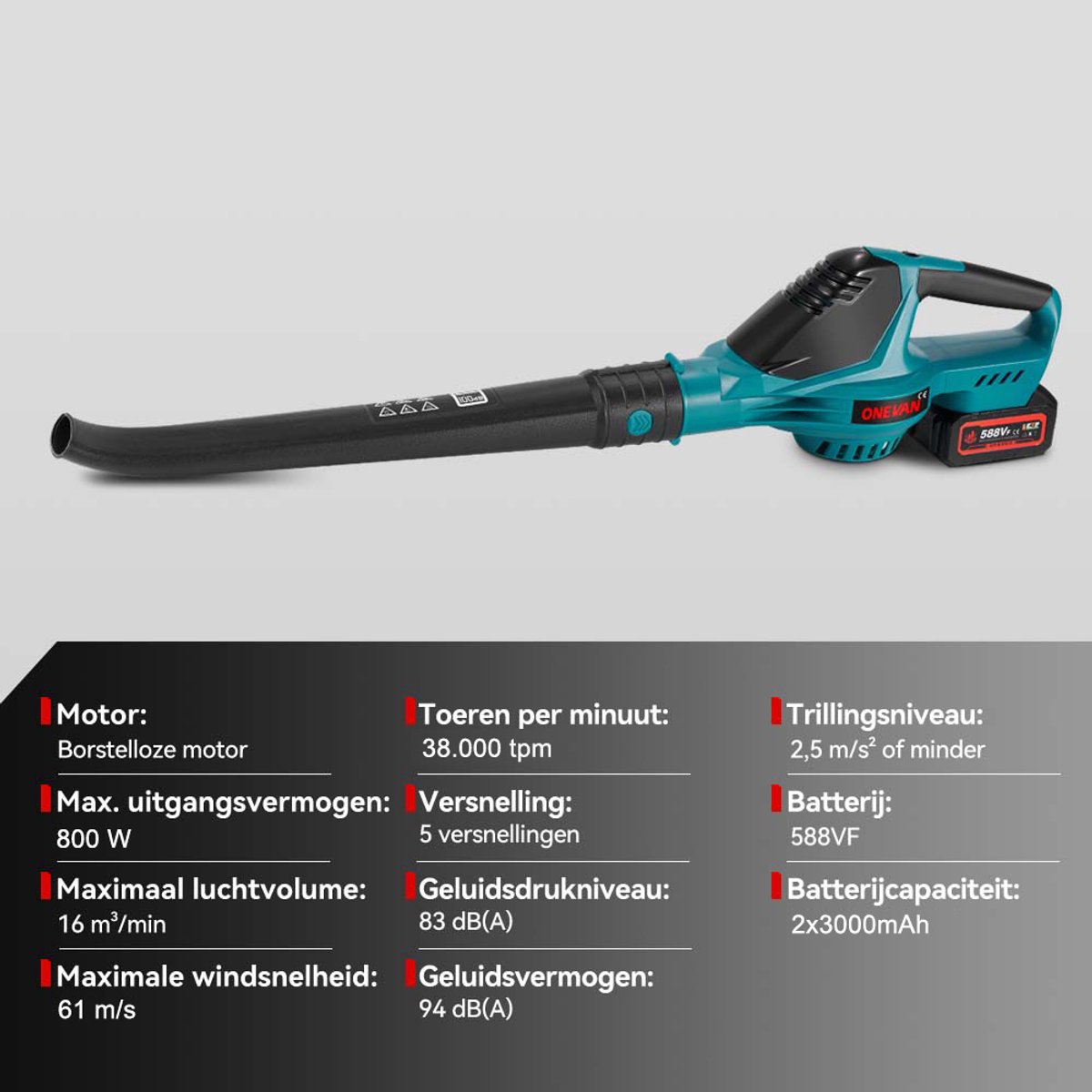 ONEVAN Accu Bladblazer 21V - 220 km/u - Elektrische bladblazer - Borstelloze - met 5 versnellingen en 2 x 3.0Ah accu's - voor tuin, bladeren, stof en sneeuw – foto 2