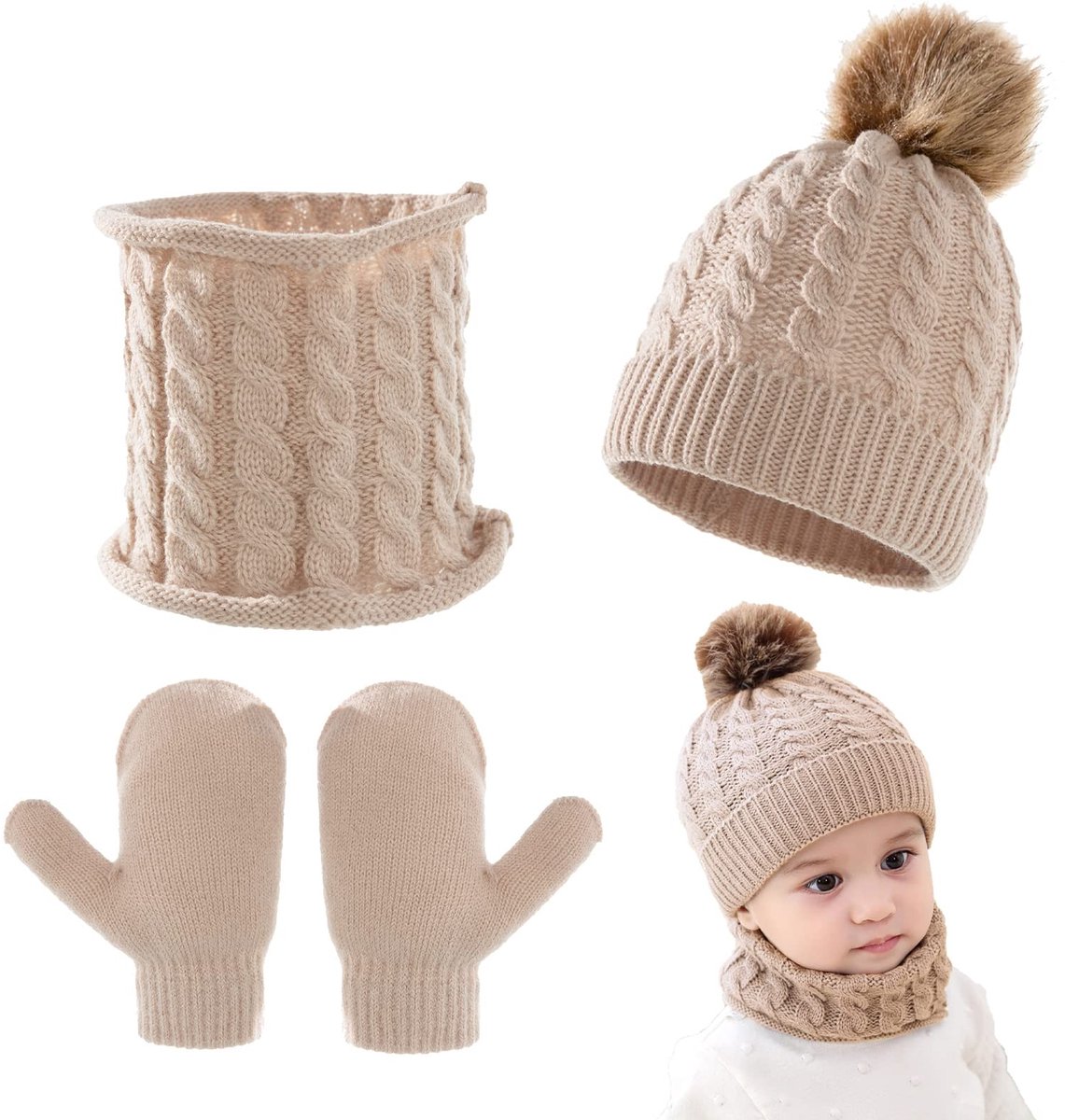 Dailygoods- Baby Beanie Set - Warme Muts/Sjaal/Handschoenen - Gebreid - Pompon-Design - Zacht/Acrylvezels - Voor 0-3 Jaar - Babyset