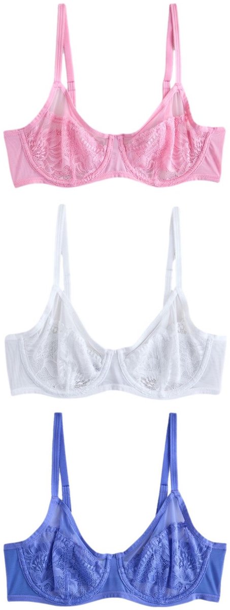 Next Dames - Set van 3 kanten beha's, zonder vulling, volledige cup - Blauw Blue/Pink/White