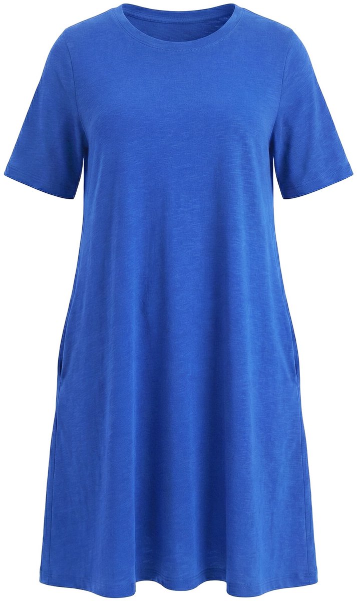 Ulla Popken Dames - Jersey jurk A-lijn ronde hals korte mouw zakken - Azuurblauw - Maat 42+