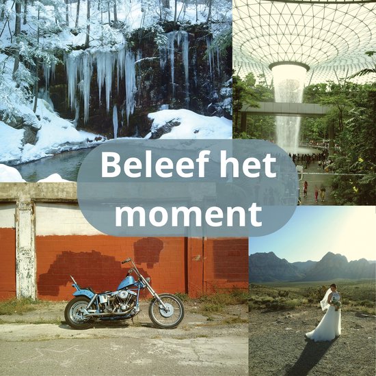 Collage van foto's van een waterval in de winter, een indoorswaterval, een motorfiets en een bruidspaar.