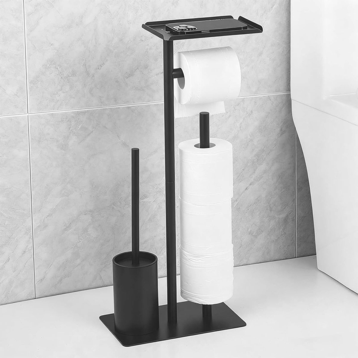 SOUQONE- Toiletpapierhouder Staand Model - Plank - Toiletborstel - Antislip Voet - Boorvrije Montage - Stijlvolle Badkameraccessoires - Badkameraccessoire