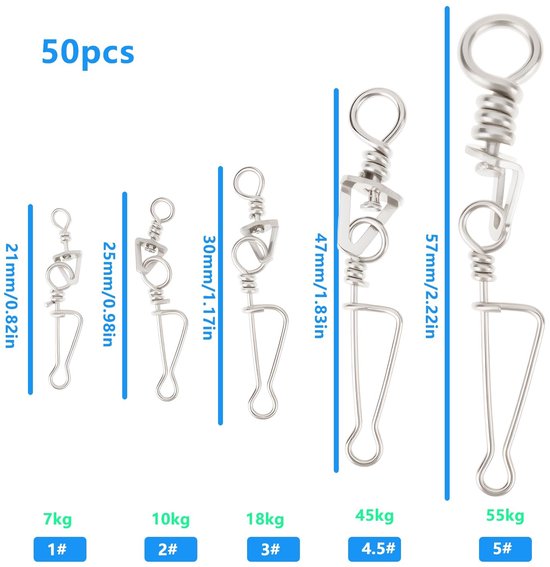 Dailygoody - Italiaanse Swivel Fishing Swivel Connectors - Snaps voor Lure Vissen - 50 Stuks - Duurzaam en Sterk - Geschikt voor Zoet- en Zoutwater - . — afbeelding 4