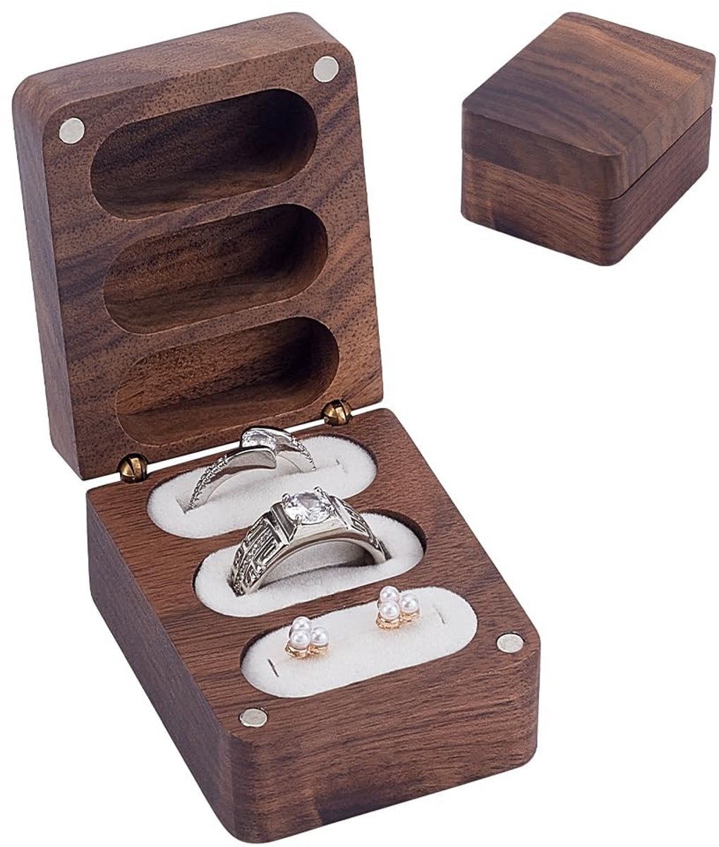 SOUQONE- Ringdoos Premium Design - Houten Ringdoos - 3 Slot Ringdoos - Juwelendoos - Cadeaubox - Witte Velours Binnenkant - Juwelenbox