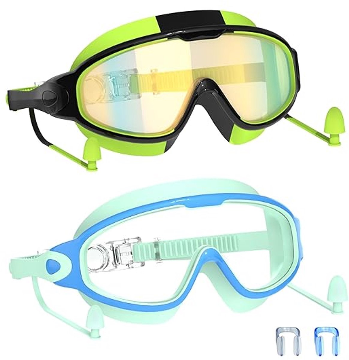 Kinderzwembril (3-15 jaar), met oordopjes, groot montuur, anticondens/UV-bescherming, unisex, groen + lichtblauw.