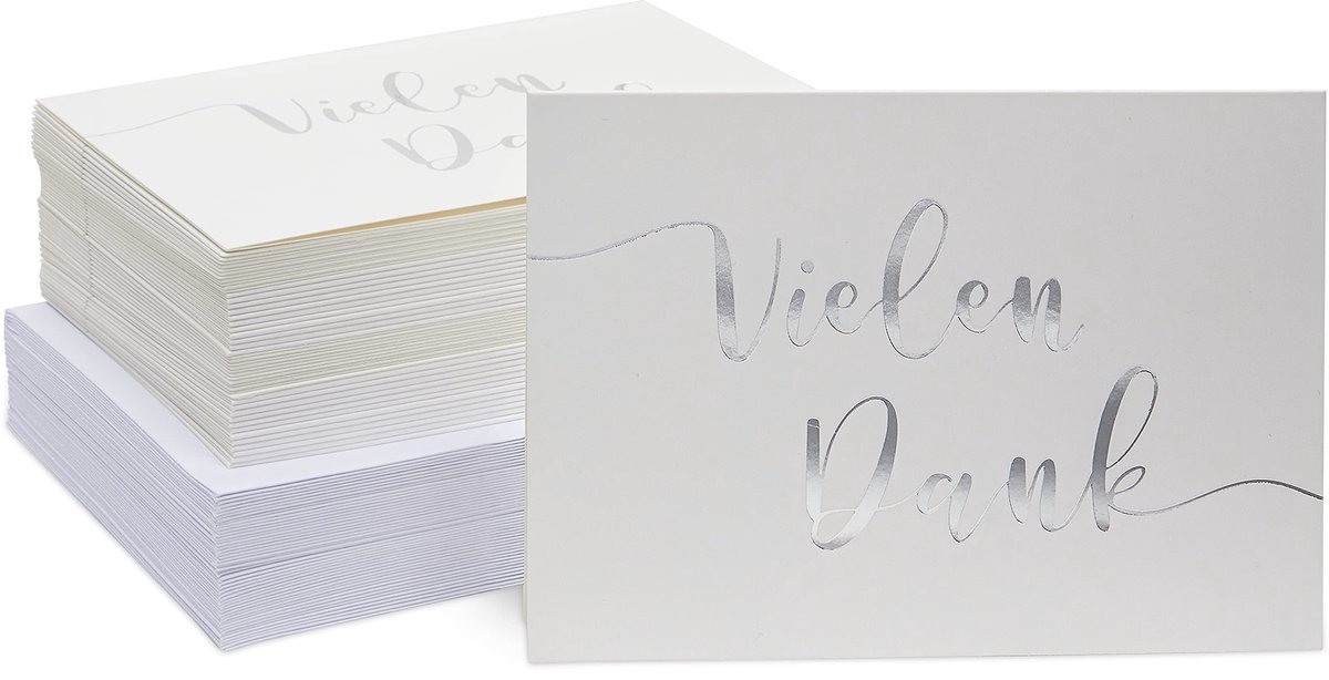Dailygoods- Bedankkaarten 48 stuks - Blanco Kaartjes - Zilverfolie Opschrift - DIN A6 - Hoogwaardig Papier - Persoonlijke Berichten - Dankkaarten