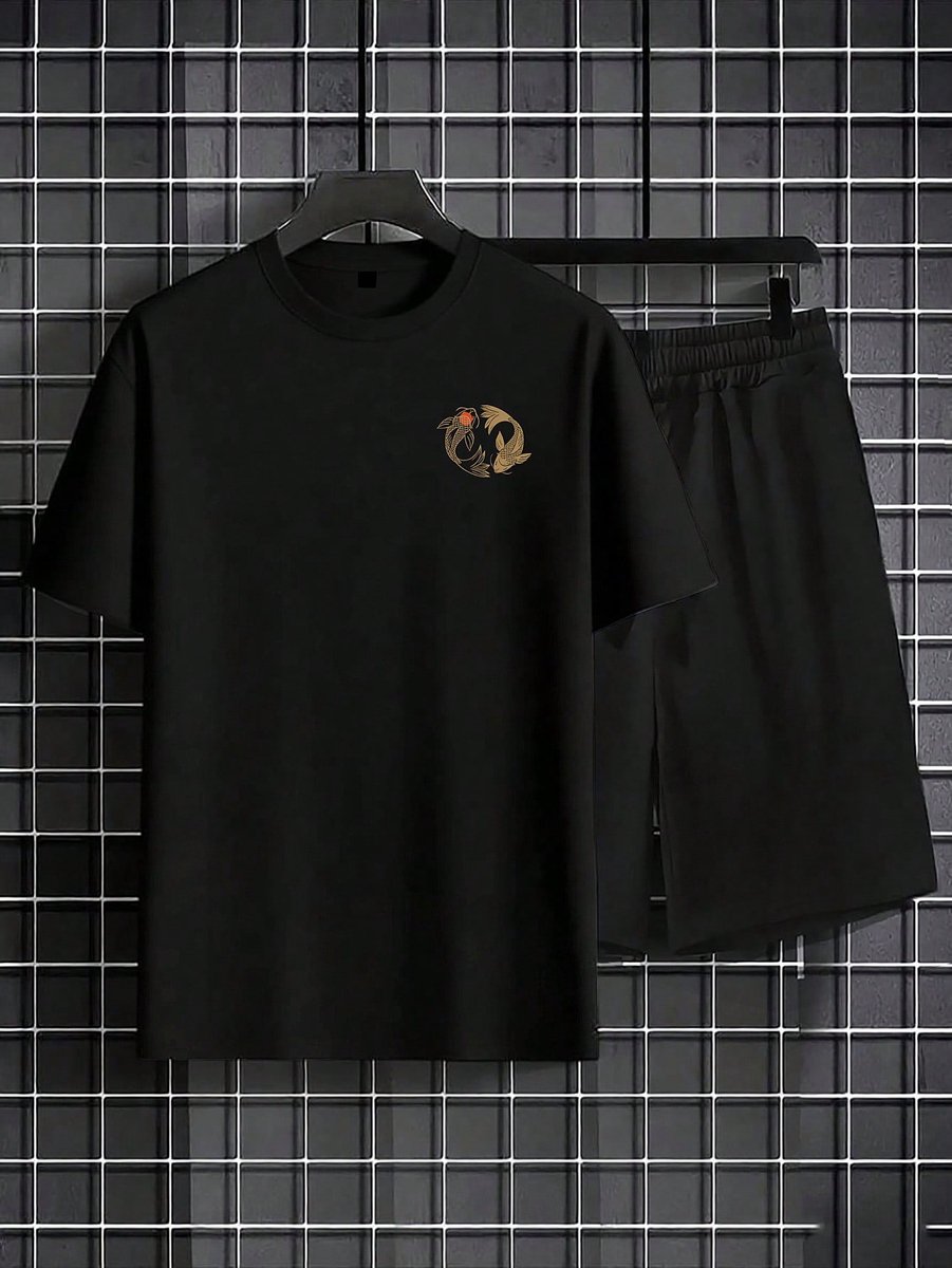 Stijlvol Koi Vis Print Heren Casual Korte Mouwen T-shirt en Shorts Set 4XL Zwart